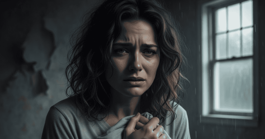 A woman with tearful eyes and a distressed expression clutches her clothing in a dimly lit, worn room, symbolizing the personal emotional toll of her environment.