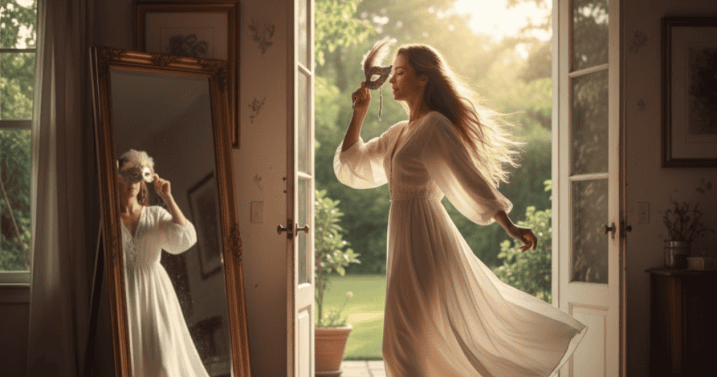 A woman in a flowing white dress holds a mask near her face while looking in a tall mirror; she is shown in the instant of dropping a pretense.