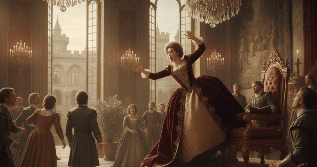 A woman in a luxurious historical gown makes a dramatic, distressed gesture before a group of onlookers in an opulent hall; her flamboyant distress suggests the crumbling of a grand, self-constructed performance.