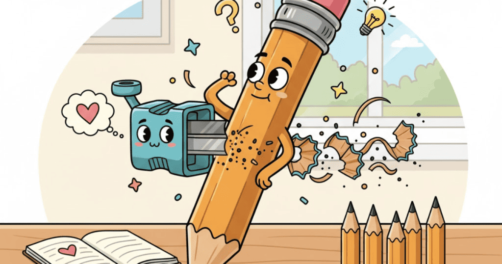 A happy, anthropomorphic pencil is being sharpened in a cartoon sharpener, creating shavings in the shape of a frown; the illustration shows that going through a difficult process prepares you for useful creation.