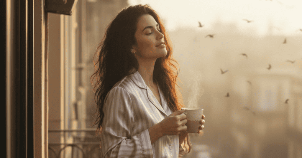 A woman in striped pajamas stands on a balcony with her eyes closed, holding a steaming mug; she is embracing her personal choice for peace and self-care.