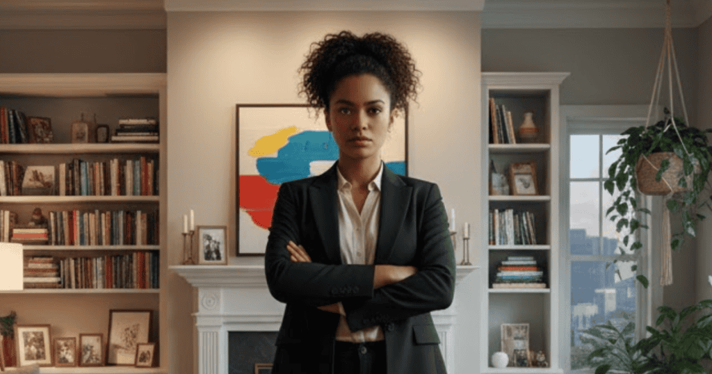 A confident woman in a black pantsuit stands with crossed arms in a well-decorated living room; she embodies the strength found in resistance.