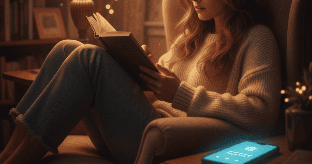 A warm, softly lit image shows a woman reading a book in an armchair as a phone glows on a table nearby, illustrating the deep motivation for a continuous focus on another.