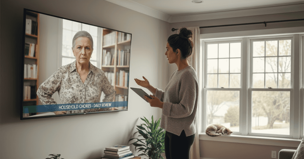 A woman gestures toward a TV screen displaying a severe-looking older woman with a news banner; this reflects a moment of analyzing the compulsion to follow orders.