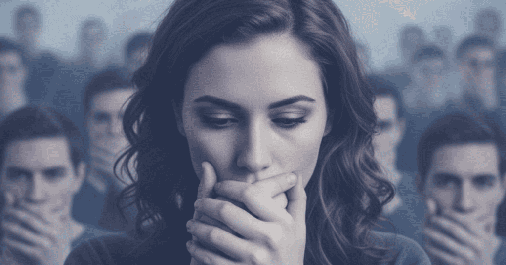 A woman covers her mouth with her hand, looking downcast while a crowd of people with their mouths covered stands behind her, showing the tendency to suppress one's truth in the face of judgment.