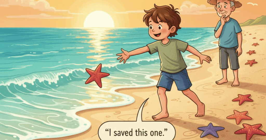 A boy on a beach at sunset throws a starfish into the ocean as an older man looks on; this action illustrates how seemingly small gestures can have great significance.