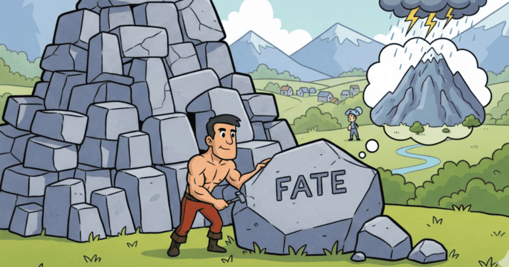 Illustration of a man chiseling a giant stone labeled โFate,โ symbolizing the story of the stonecutter and the lesson of letting go of envy and accepting oneโs own path.