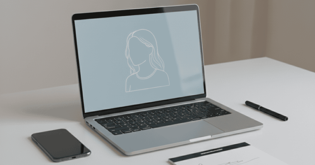 A laptop showing a simple line drawing of a woman's face sits on a desk next to a smartphone and a pen, representing the primary channels used for surveillance.