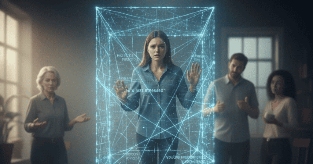 A woman stands trapped inside a glowing, geometric cage of text while onlookers judge her from outside, representing how easily a painful situation can be minimized by others.