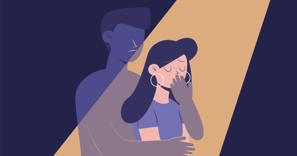 An illustration shows a woman covering her mouth in distress as a dark figure looms behind her, revealing the manipulative reality behind a narcissist’s so-called love.