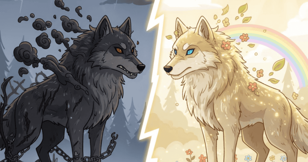 An illustration of two wolves facing each other, one dark and chained, symbolizing pain and old wounds, and one golden and radiant with a rainbow behind it, representing healing, growth, and inner strength.