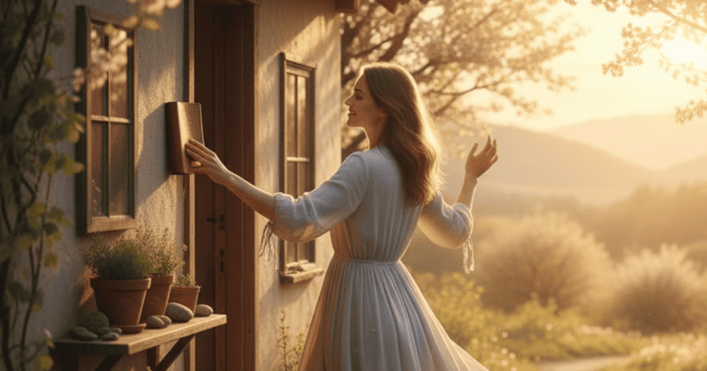 A woman in a flowing white dress stands outside a cottage door holding a book in the warm, golden light of dawn, symbolizing the wisdom and grace you take with you on a new path.