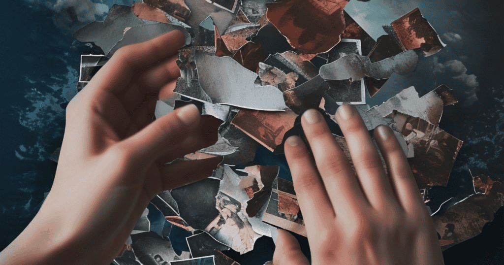 Two hands reach toward a pile of torn photographs, representing the theme that their choices equal their chaos.