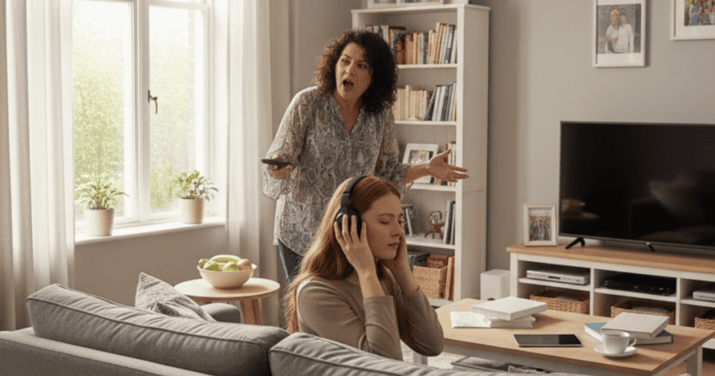 A tense domestic scene where an older woman is shouting at a younger woman wearing headphones; the moment is subtly about tuning out distractions for a moment of peace.