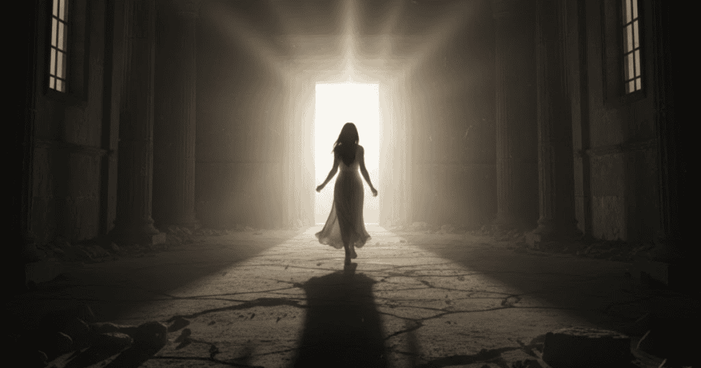 A lone female silhouette walks toward a bright light at the end of a dark, ruined hall; true healing is an internal journey that doesn't rely on someone else's outcome or fate.