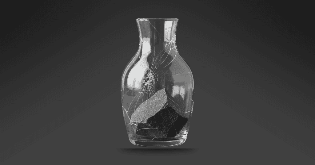 A cracked glass vase holds a broken, dark, heavy piece of stone against a plain background, emphasizing an underlying vulnerability that requires a constant shield.