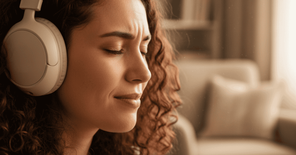 A woman with curly hair wears headphones and closes her eyes with a pained expression, showing a heightened reaction to inner experience.