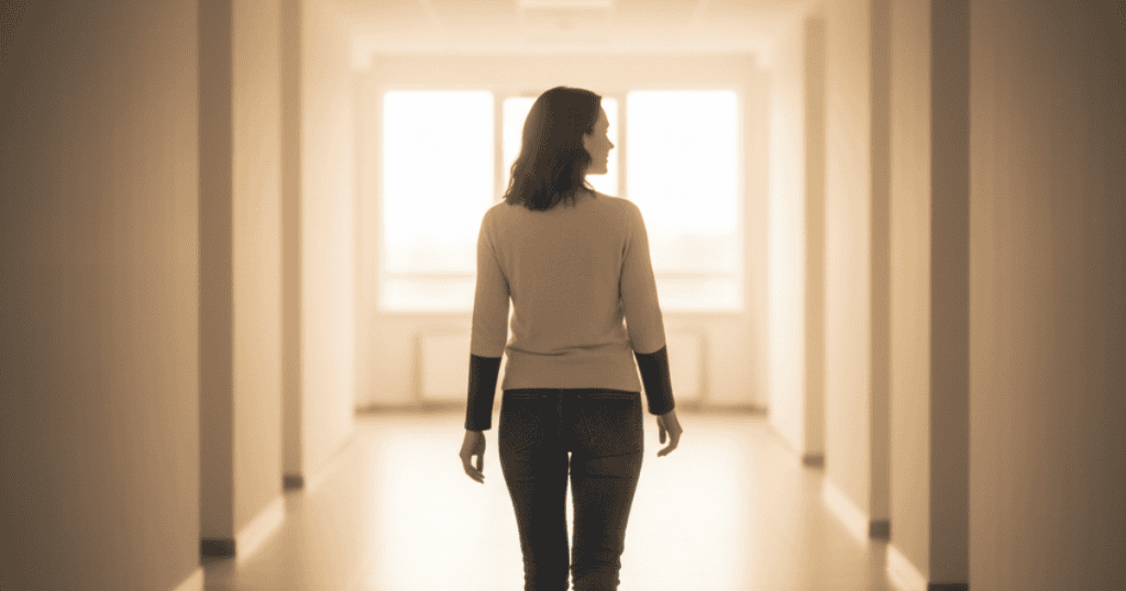 A woman walks away down a bright, empty hallway toward a large window; her quiet departure illustrates that substance does not rely on a loud presence.