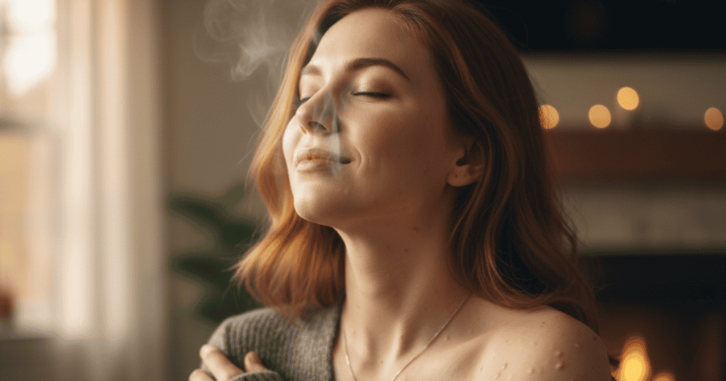 A woman with bare shoulders and closed eyes exhales a puff of vapor indoors, capturing a spontaneous physical response to a sensory moment.