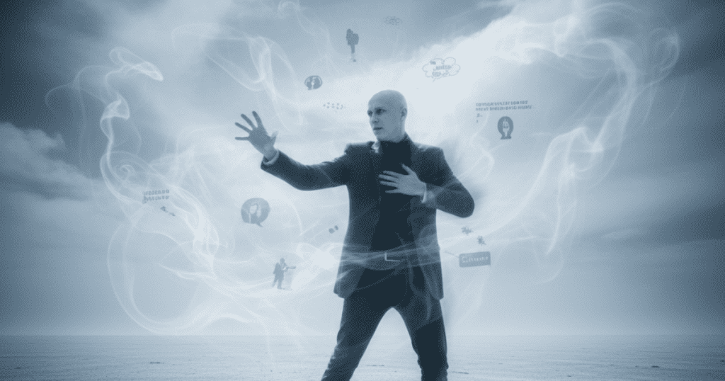 A person in a suit stands in a stark landscape, surrounded by wisps of smoke containing symbols of social media, reaching out frantically. Their desperate search for new interactions underscores a fragile sense of self.