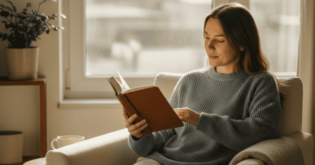 A woman is calmly reading a book in a sunlit chair indoors, suggesting she's found peace by choosing to focus her energy inward.