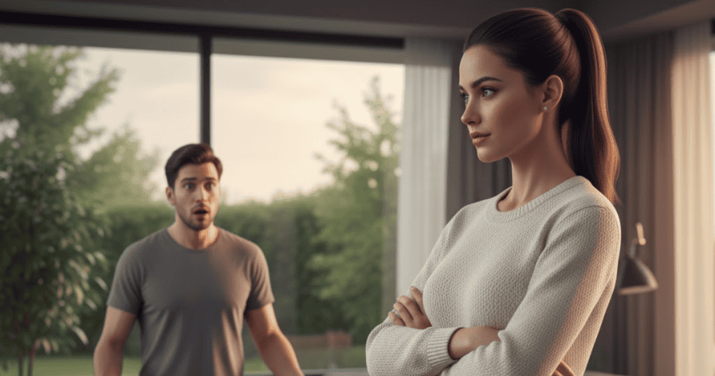 A woman with a high ponytail looks away sternly as a man with a surprised expression stands in the background; her composed demeanor shows the consequences of ceasing to comply.