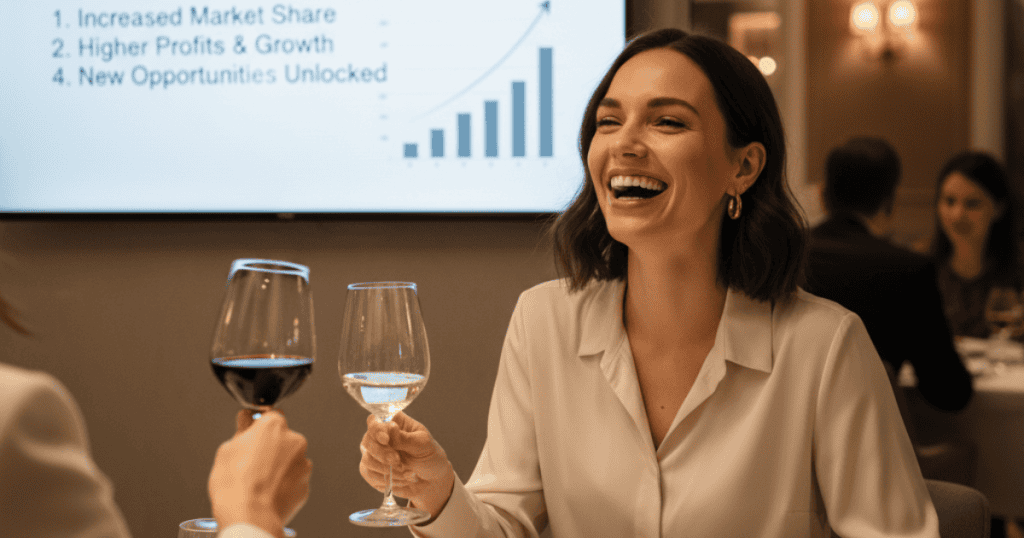 A woman laughs joyfully while clinking wine glasses with another person in a business setting; this celebratory moment clearly shows the rewards of a well-executed plan.