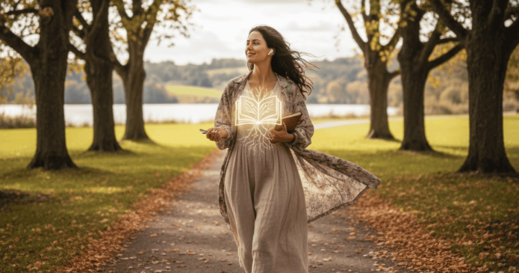 A woman walks happily down a park path lined with trees in the autumn, with a glowing book illustration on her chest, realizing the true inner value of learned experiences.