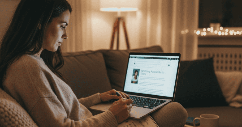 A woman sits on a couch while using a laptop and taking notes, indicating a focus on learning and personal healing after a difficult experience.