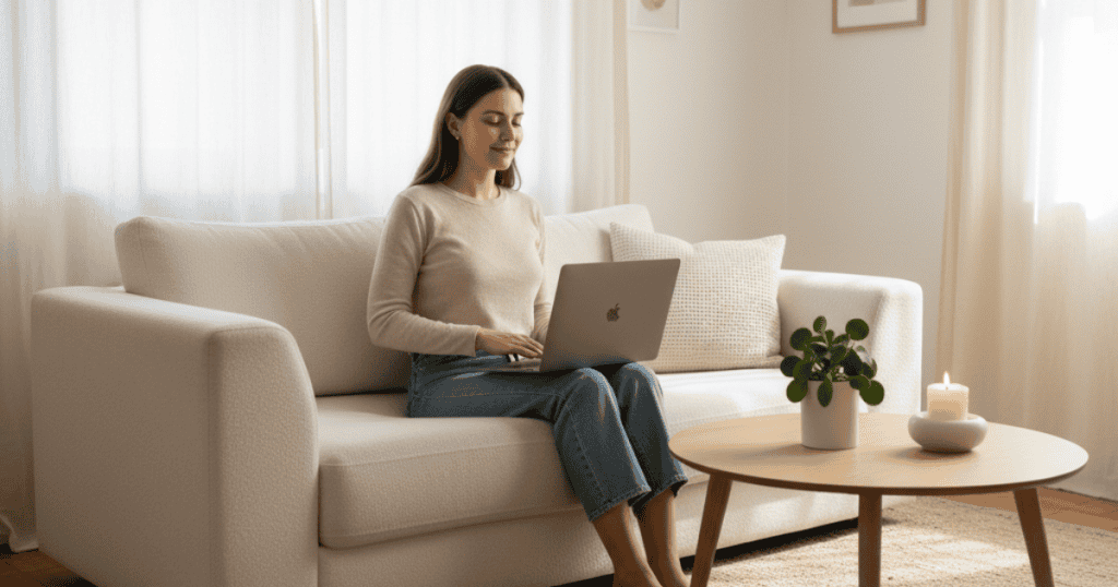 A woman sits on a comfortable sofa, smiling while typing on her laptop, suggesting a moment of peace and private action.