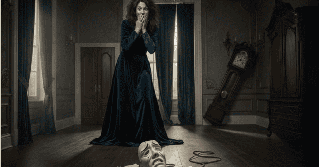 A woman in a blue gown stands shocked in a dramatic room with a broken mask on the floor; the scene visually suggests a moment of true self-exposure.
