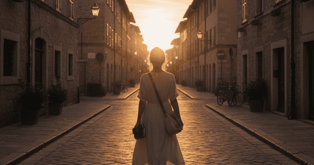 A woman in a light dress is walking away down a sun-drenched, cobblestone city street, suggesting she is finally free to follow the light ahead.