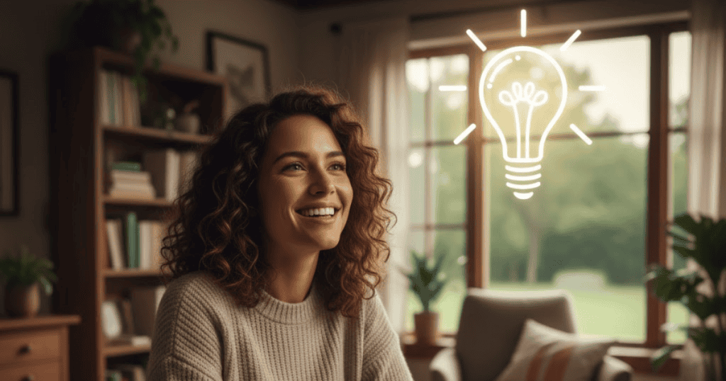 A woman with curly hair smiles brightly as a glowing lightbulb icon appears above her head; her expression signifies the clarity achieved from a realization.