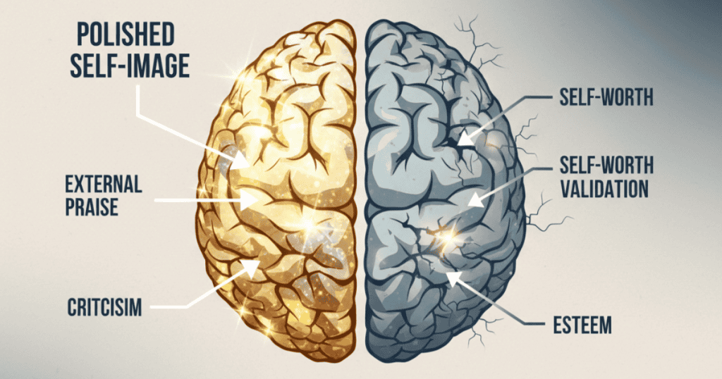 A split brain shows a glittering self-image on one side and cracks on the other with dimming neural connections, arrows and labels explain the reaction.