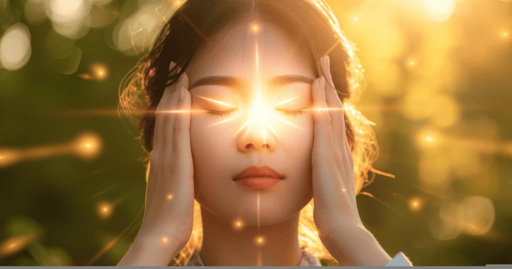 A woman stands outdoors with her eyes closed and hands resting on her temples, a bright star-like light emanating from her forehead, illustrating the return of radiant inner power once healing is achieved.