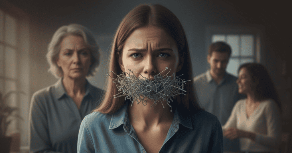 A frustrated woman has her mouth covered by a tangled mass of wire and small metal letters, depicting the profound difficulty in articulating an overwhelming experience.