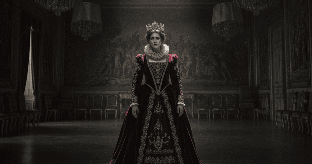 A woman in elaborate regal clothing stands alone in a vast, empty ballroom under a single spotlight, her face expressing emptiness and fear.