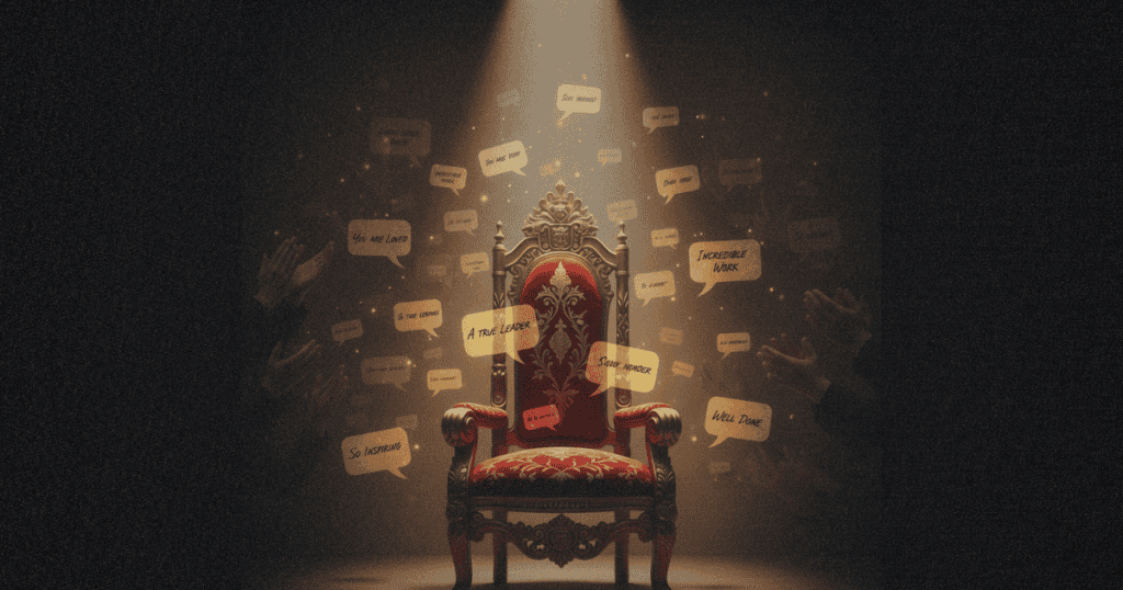 An empty ornate throne is under a spotlight surrounded by glowing speech-bubble compliments, faint silhouettes of hands applauding in the background.