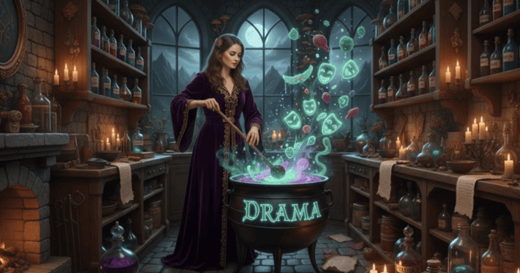 A woman in a dark, potion-filled room stirs a cauldron labeled "DRAMA" that is bubbling with green magical energy, artistically representing the intentional generation of upheaval.