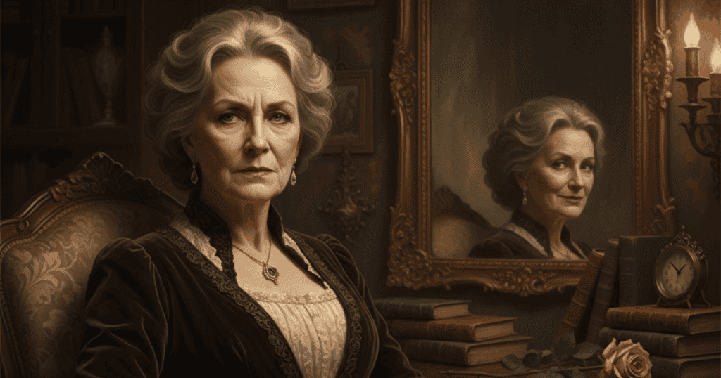 An older woman in a period-style dress sits for a portrait with her reflection visible in a mirror, showing a life where the core self remains unchanged.