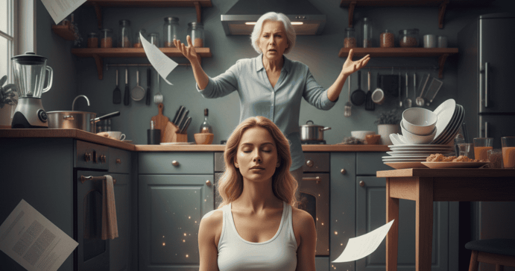 A woman sits calmly with her eyes closed in the center of a chaotic kitchen with papers flying and a distressed older woman in the background; her deliberate stillness and meditation-like posture is the antithesis of the drama and emotional reaction that some personalities crave.