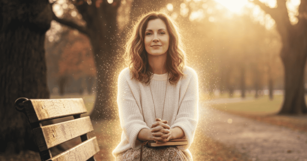 A warm, softly-lit image of a smiling woman sitting on a park bench holding a book, highlighting the inner strength that makes her essential to them.