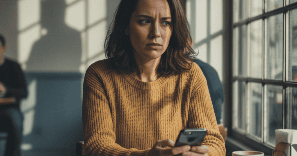 A woman in a cafe looks down at her phone with an expression of confusion or concern, hinting at the obsessive curiosity fueling certain behaviors.