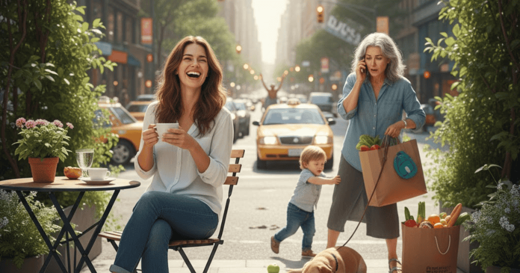 A laughing woman sips coffee at an outdoor cafe on a busy city street; another woman nearby struggles with groceries, a dog, and a running toddler, suggesting that your own happiness doesn't depend on what happens to others.