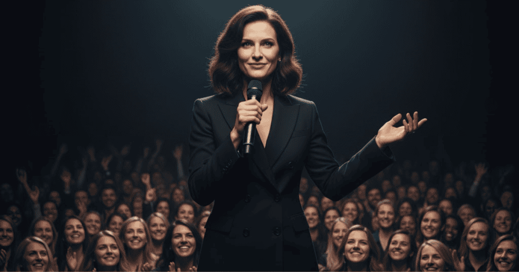 A charismatic woman in a dark suit speaks confidently into a microphone to a brightly lit, adoring crowd, demonstrating the power of a practiced and compelling public narrative.