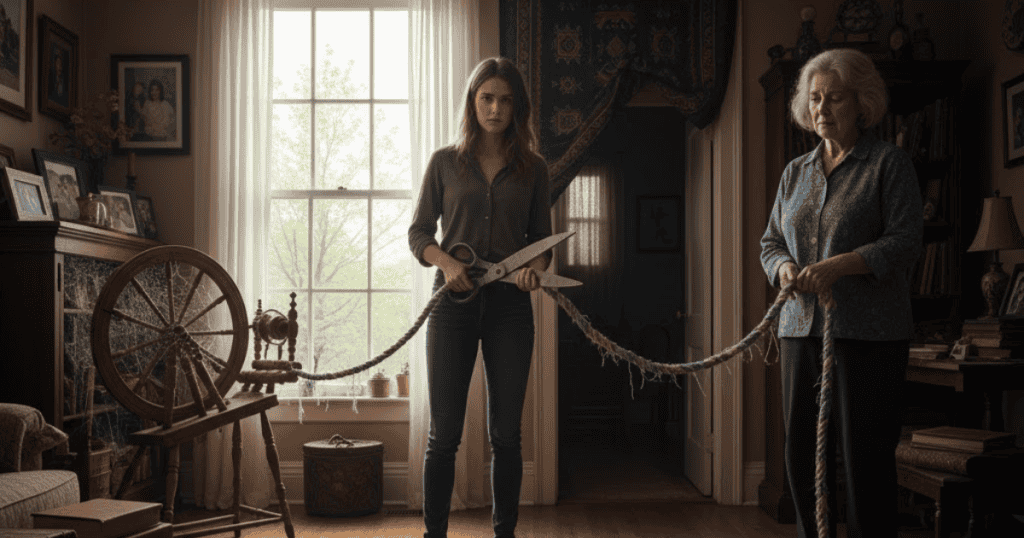 A young woman holds large scissors, ready to cut a rope she's holding with an older woman; this scene represents the act of defining one's separate identity.