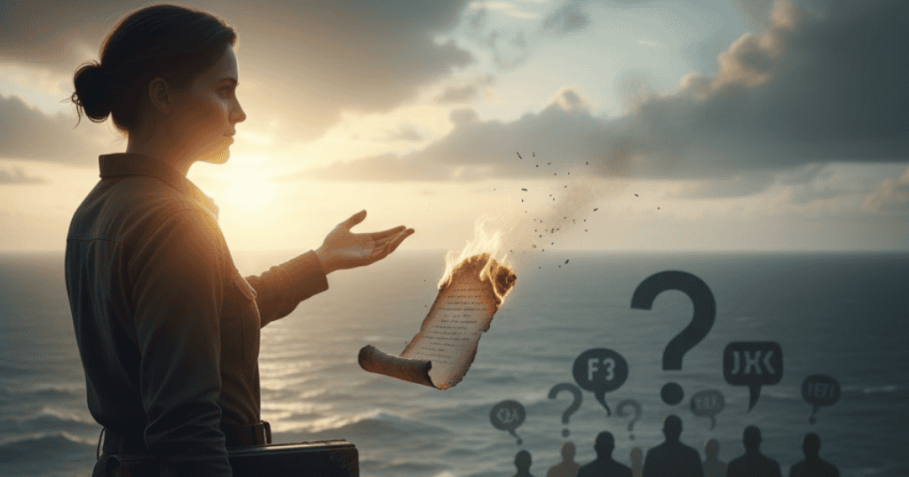 A woman on a cliff edge holds out a hand with a burning scroll as question marks rise into the air, suggesting the freedom found in releasing the need to justify one's actions to everyone.