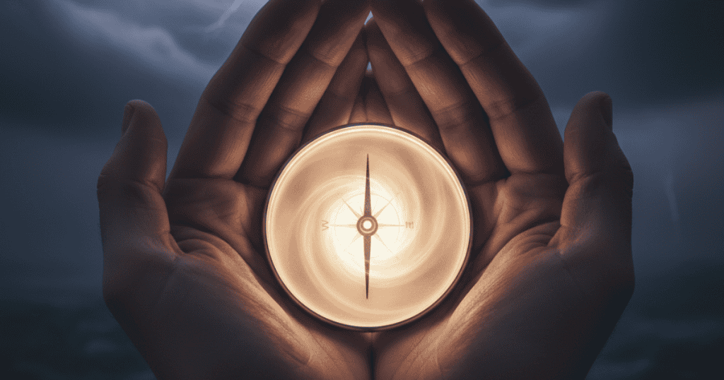 A pair of hands gently cups a glowing, celestial-like compass in the dark; this inner guidance system is what allows for a choice toward peace rather than retaliation.