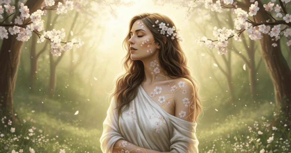 A woman with pink blossoms covering her body stands in a sunlit forest with her eyes closed; the picture suggests that even wounds can transform into beauty.