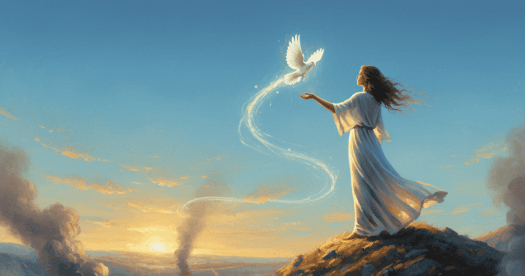 A woman in a white dress stands on a hill against a wide, sunny sky, releasing a dove that trails light from her hand; this act of peaceful disengagement illustrates the positive choice that is often misinterpreted as hostile.